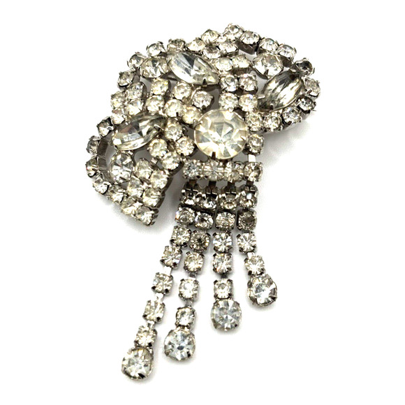 Vintage Rhinestone Brooch Clear (some Smokey) Dangles J1-3013 - Picture 1 of 12